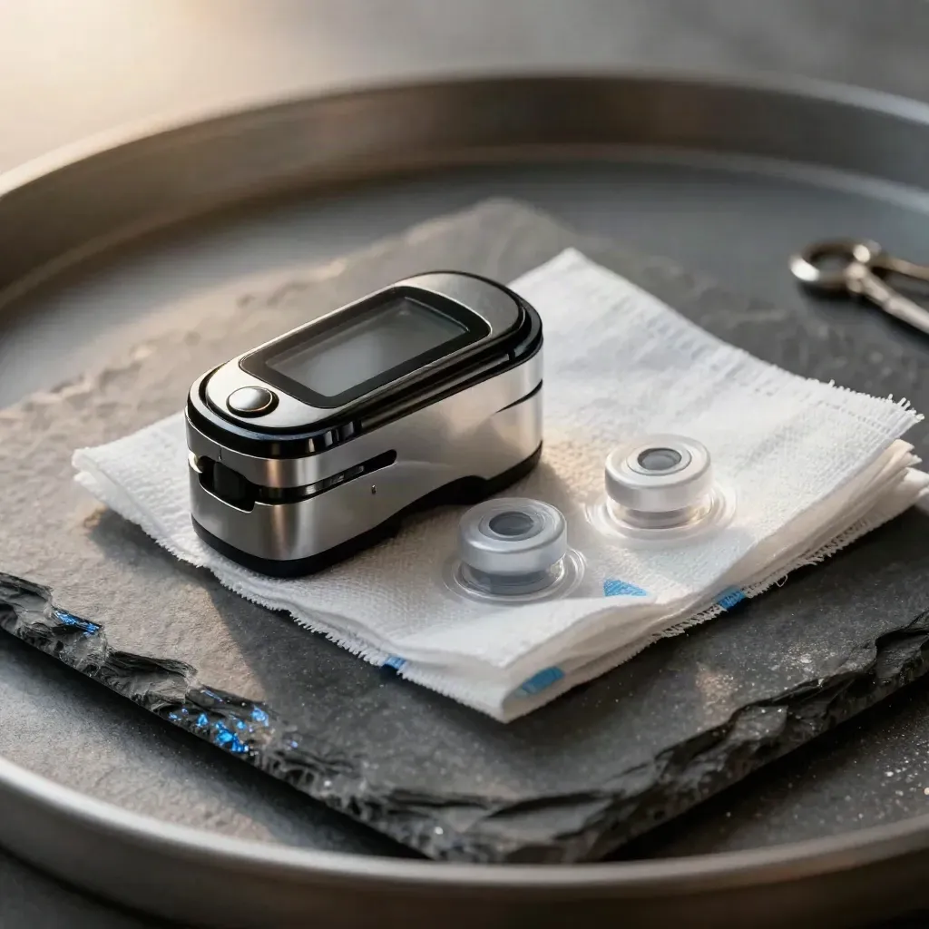 Healthcare still life with pulse-ox clip, vial caps, and gauze on a slate tray