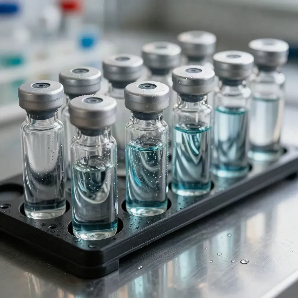 Macro of ampoules and sample tubes in a black rack on brushed metal, beaded with condensation.