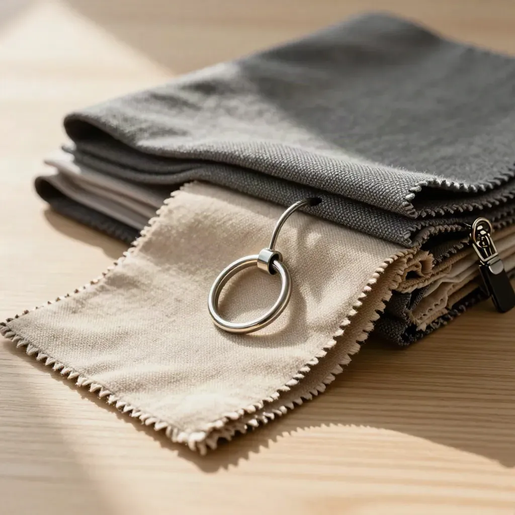 Fabric swatches, aluminum size rings, and hanger clips arranged on pale oak in soft light.