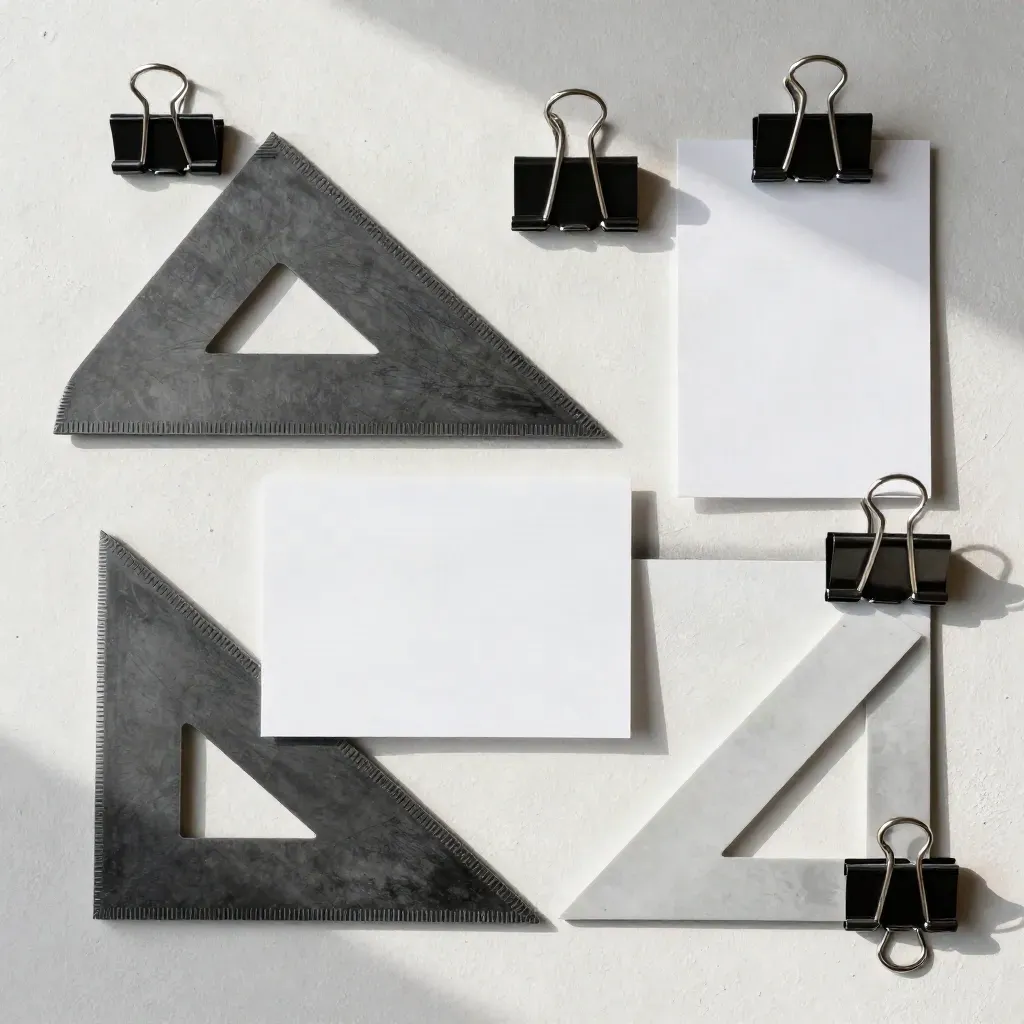 Graphite drafting triangles, clips, and blank mount cards on pale plaster in soft editorial light.