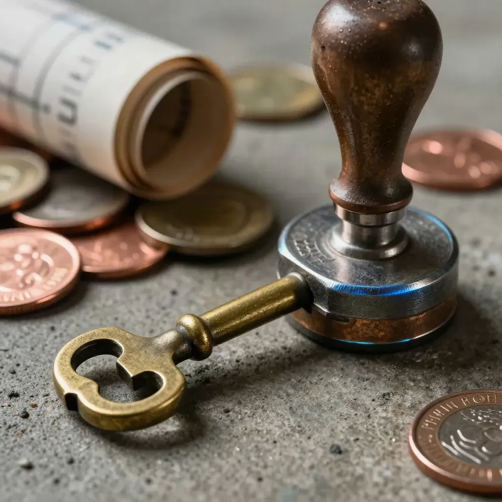 Brass vault key, seal stamp, and coin rolls on dark concrete in macro detail.