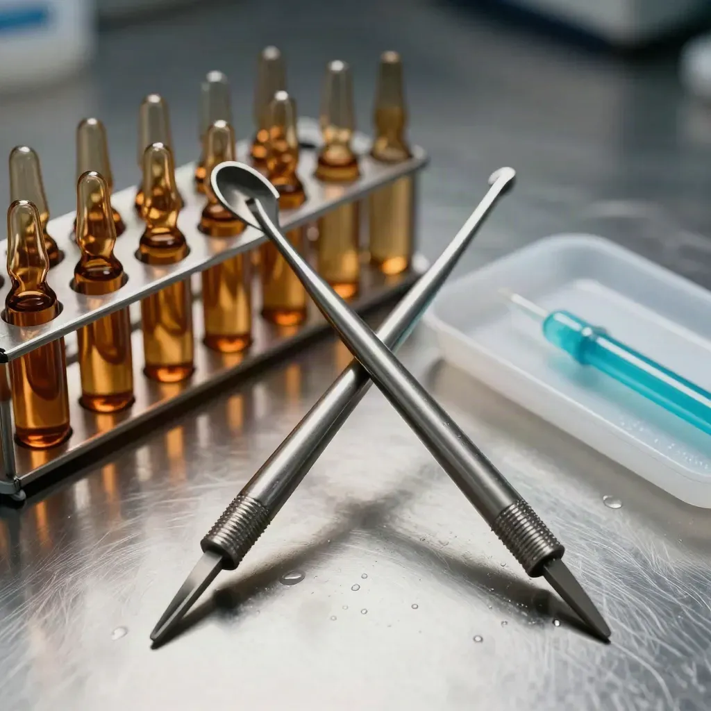 Top-down biotech still life of crossed pipettes, amber ampoules and a frosted tray on brushed metal.