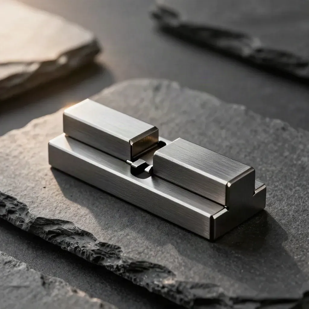 Macro of a brushed-metal routing block with splitter channels and support clips on graphite stone.