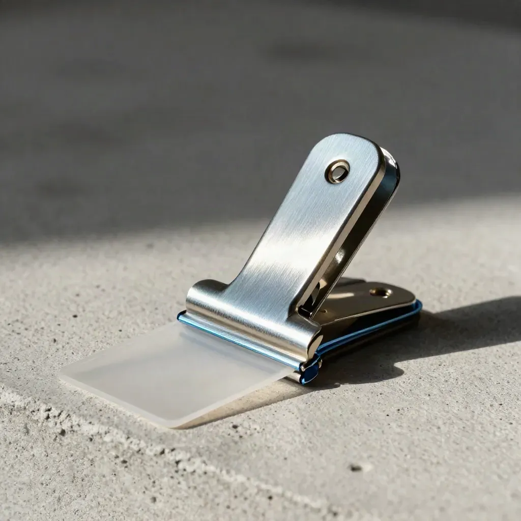 Badge clip, contact sleeve, and magnetic tag on pale concrete.