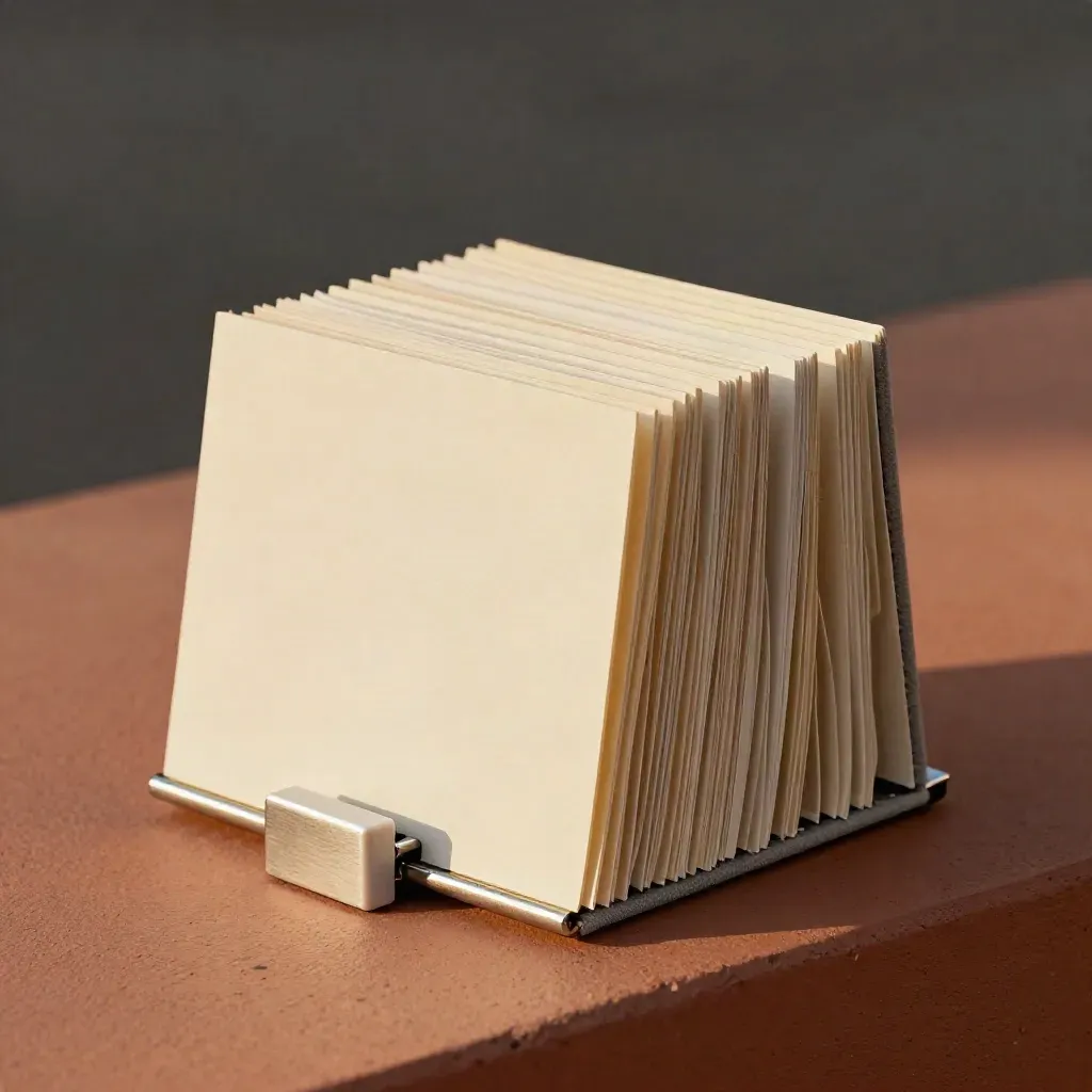 Extreme macro of a fold-out FAQ reference card rack with blank tabs on terracotta plaster.