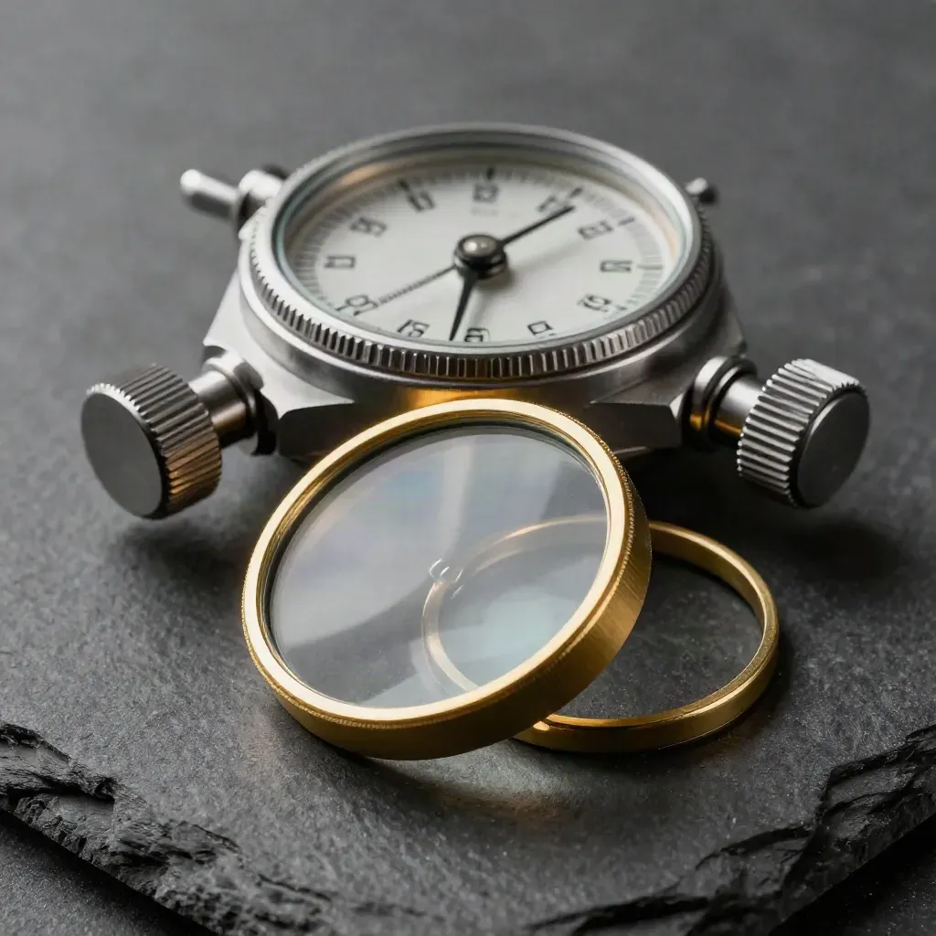 Precision tally counter, inspection dial and brass ring on dark slate under dramatic studio light