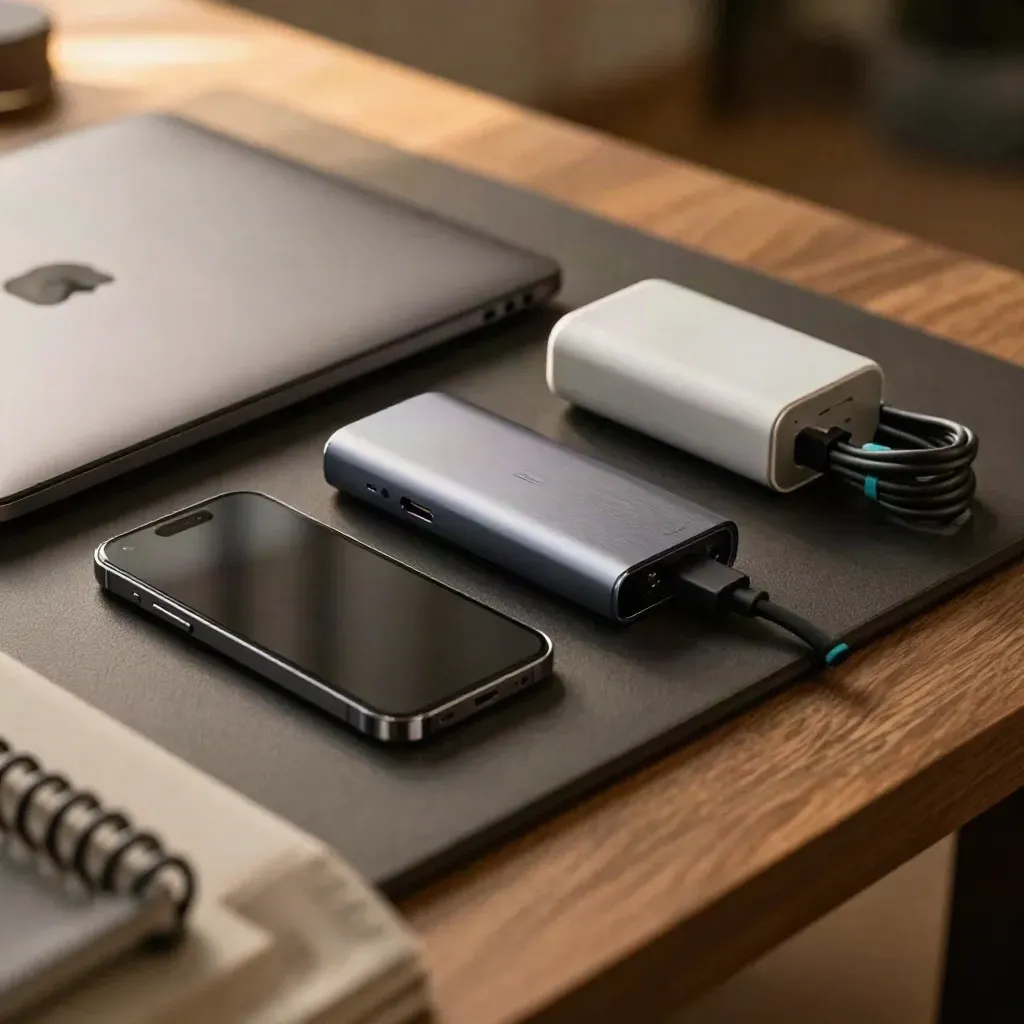 Closed laptop and startup accessories on a dark desk, seen through a blurred cable coil.