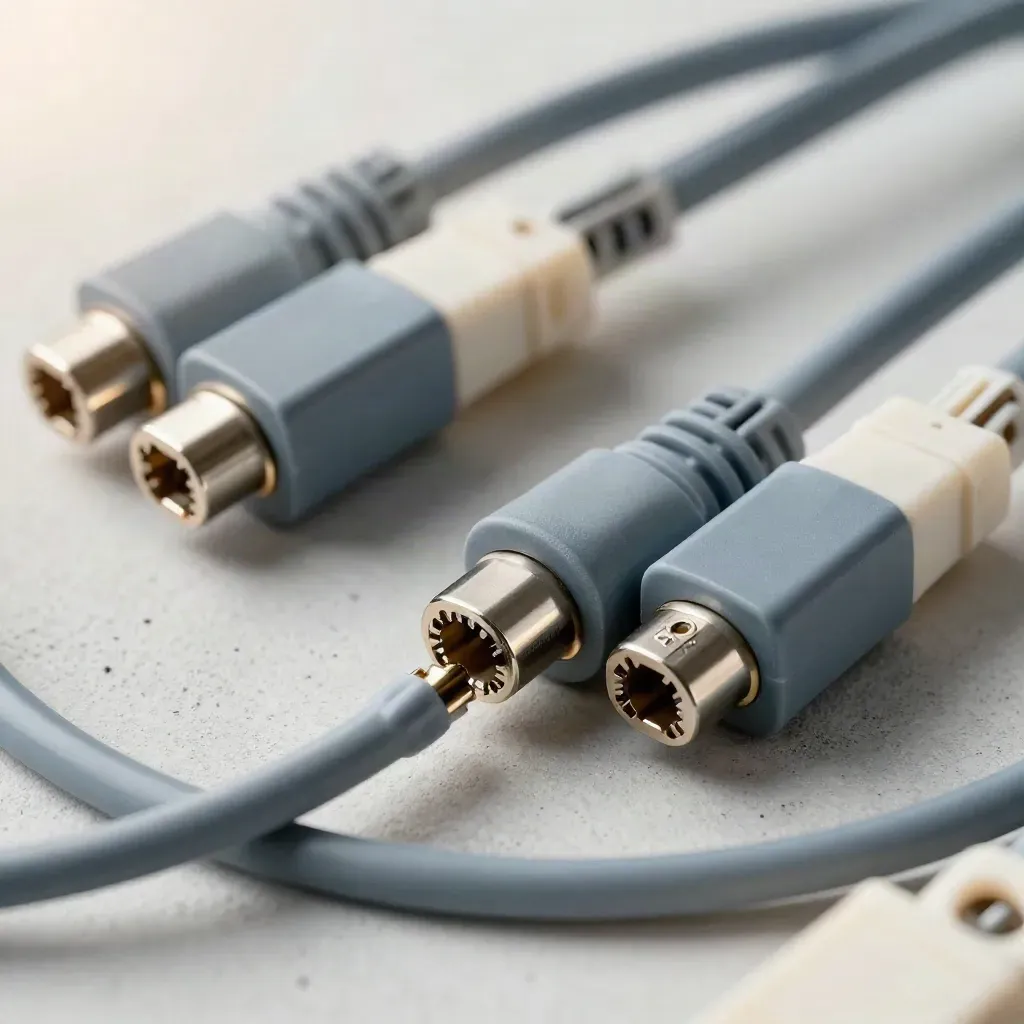 Top-down macro of split cable blocks, wraps, and blank tag sleeves locked by one connector.