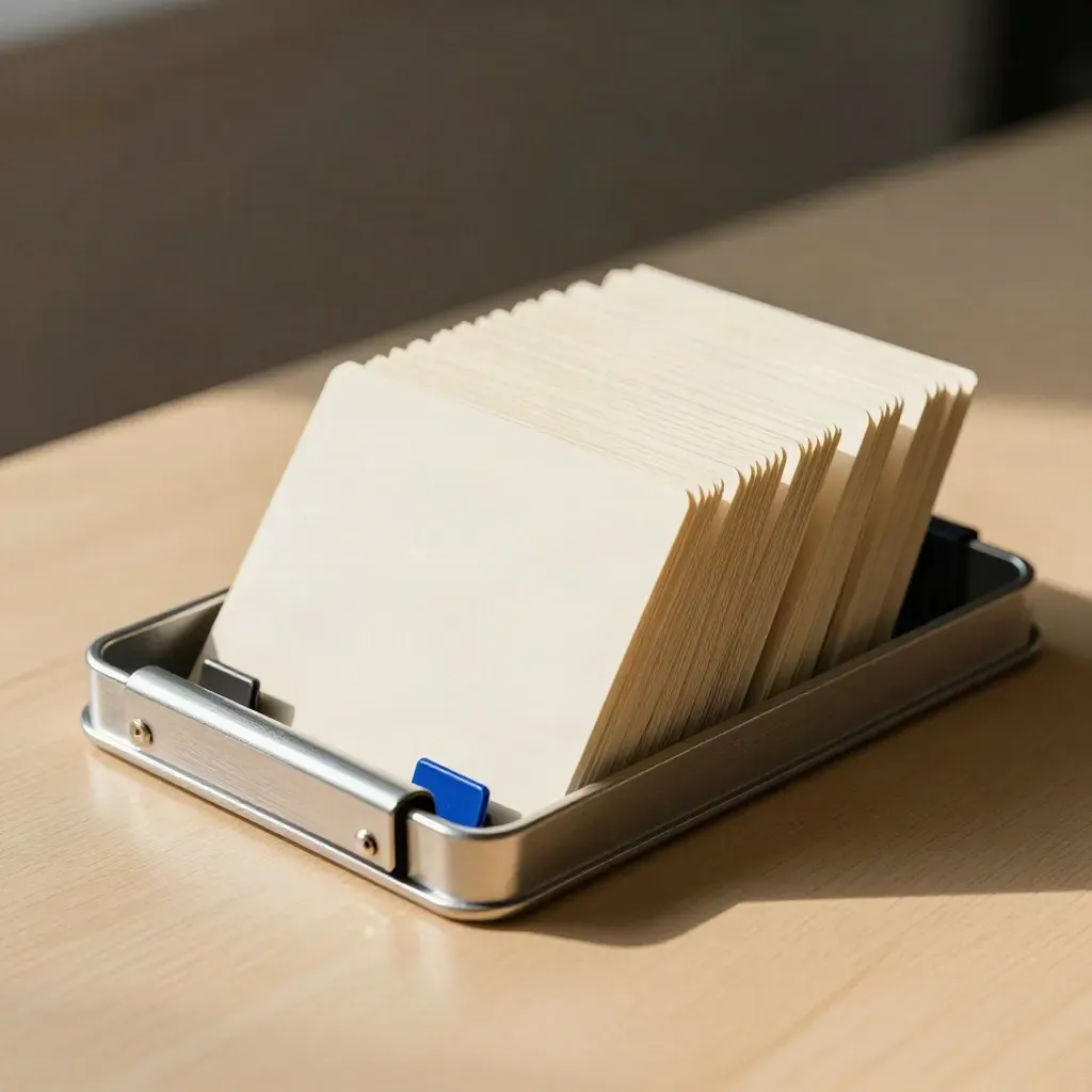 Clips clamp a brushed-aluminum tray of blank cards on pale wood, lit in cool directional light