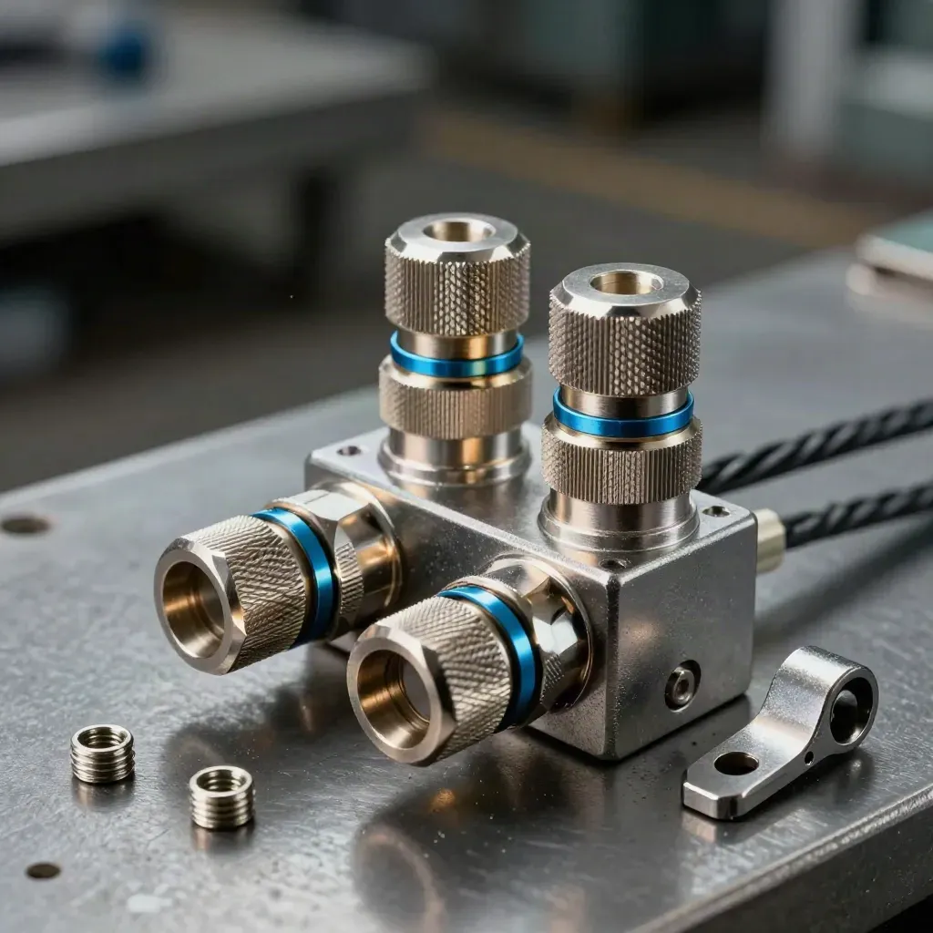 Macro of a steel cable junction block with twin braided connectors and cyan collars