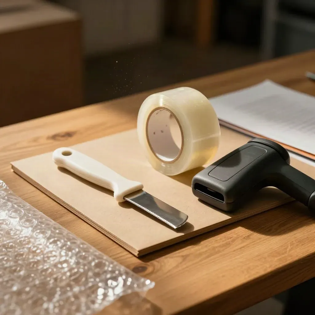 Shipping knife, tape, scanner cradle and mailer board on a warm packing bench