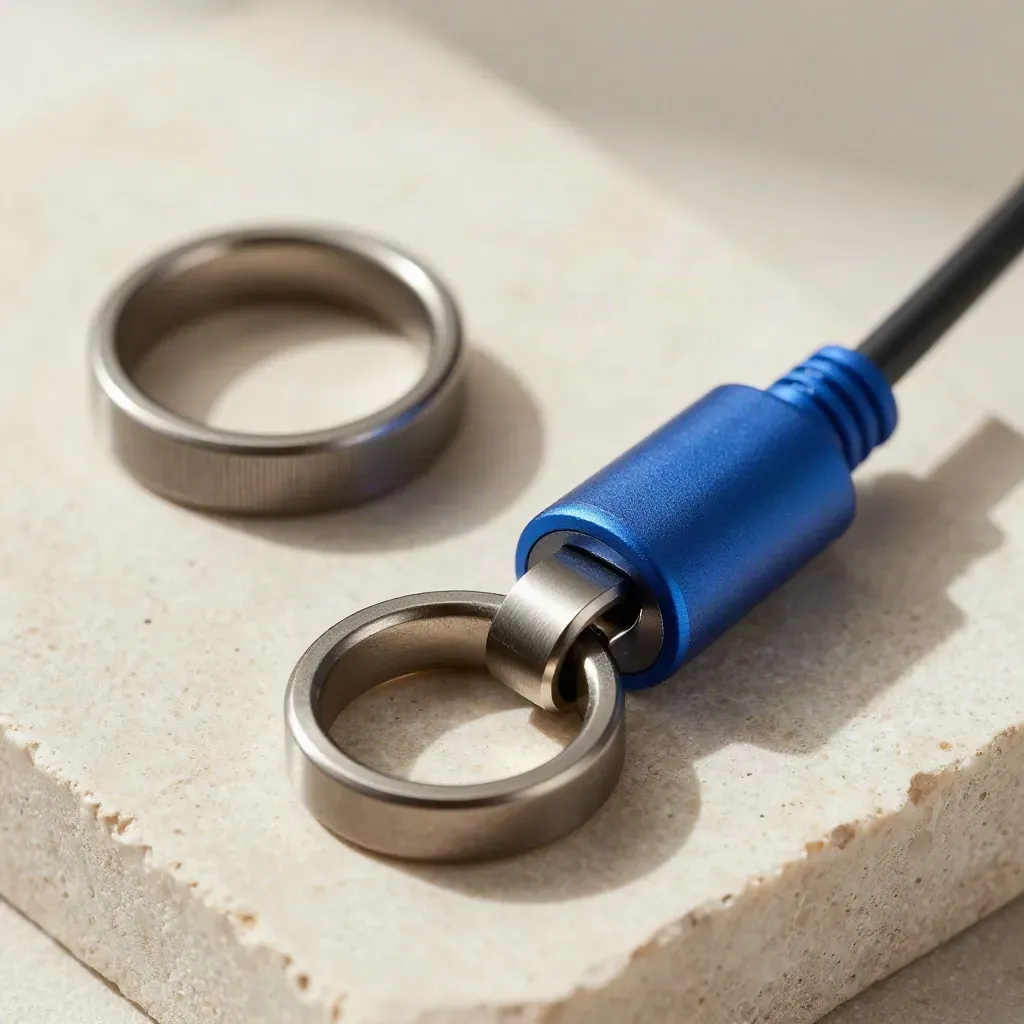 Brushed-metal rings, docking puck, and cable coupler loop on a stone slab