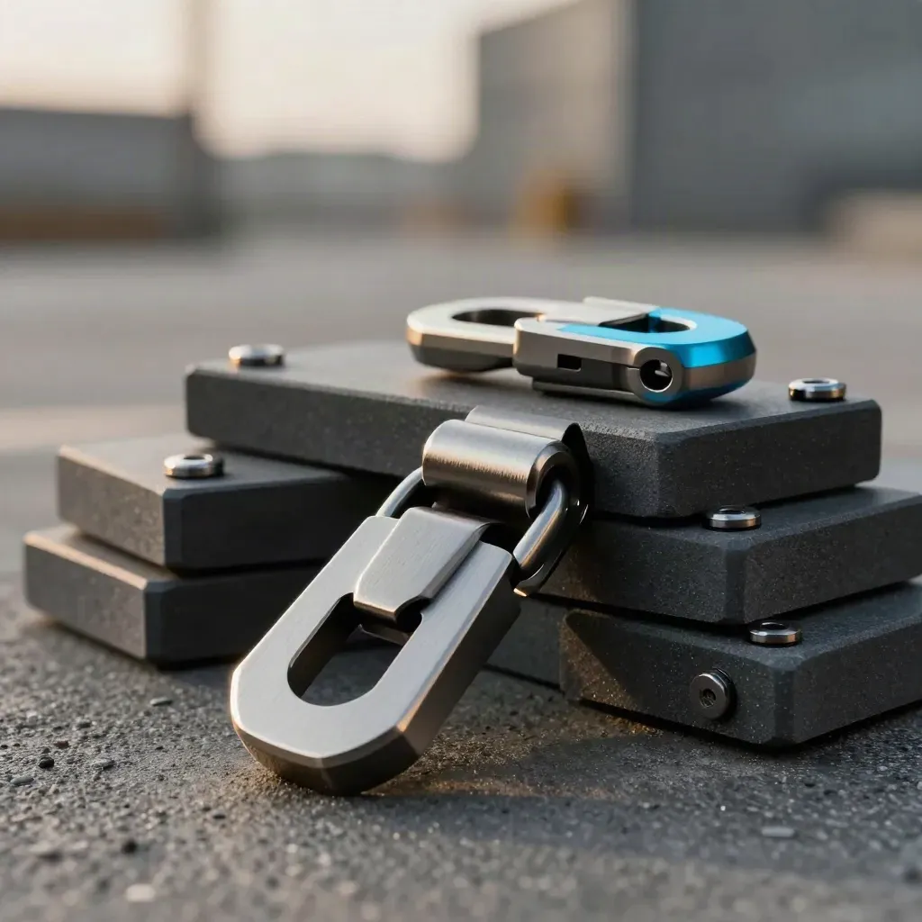 Machined plates, hex fasteners and a metal clasp on charcoal concrete, lit with a cyan rim.
