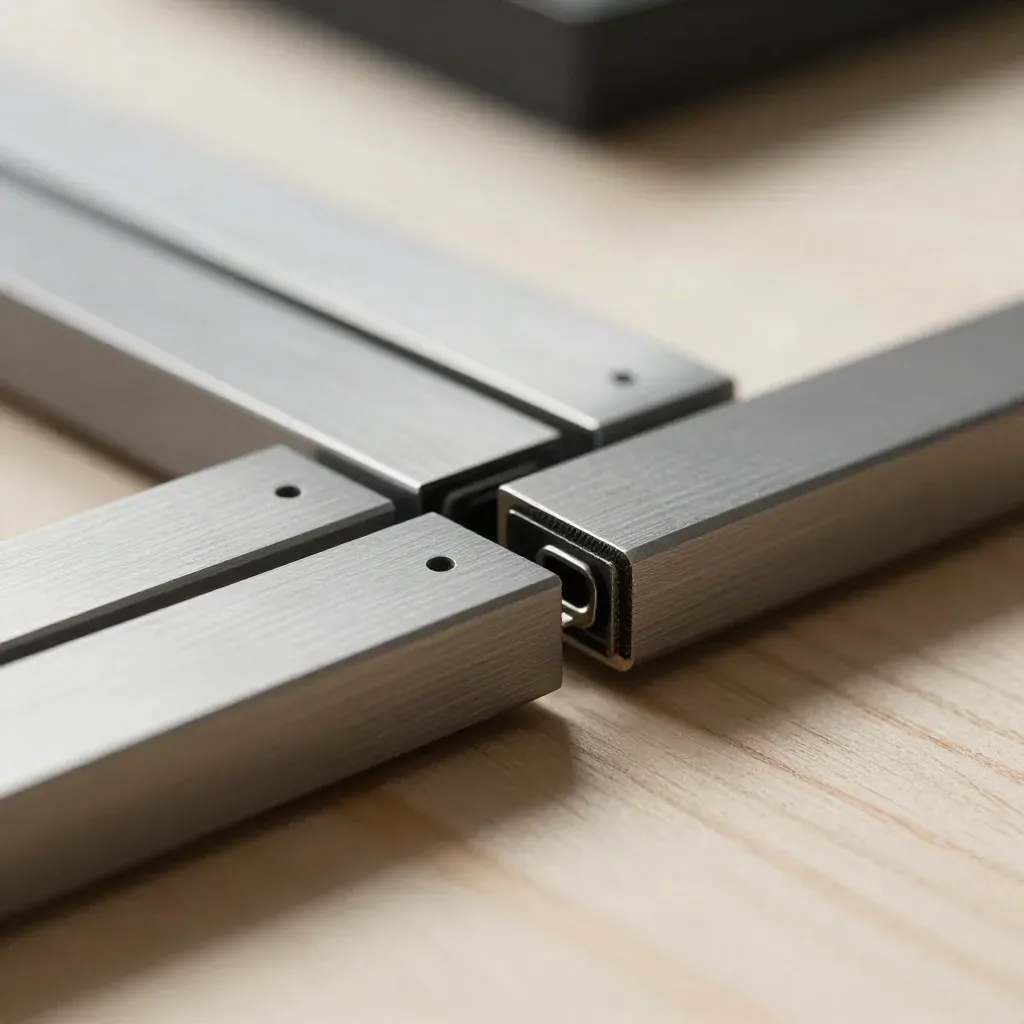 Graphite connector modules bridging together on pale wood in a cinematic macro still life.