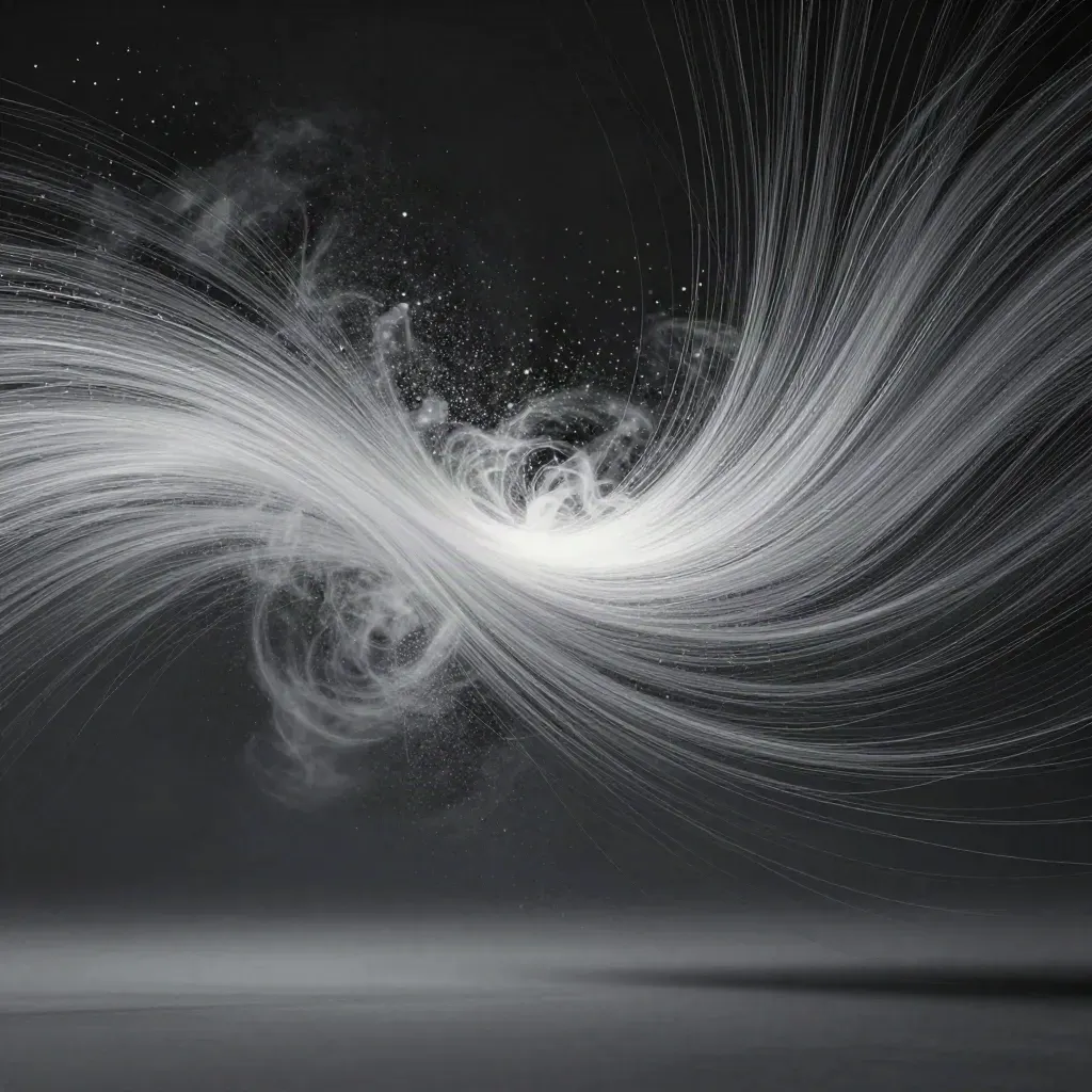 Silver particle streams bloom in graphite haze, leaving calm space for headline copy.