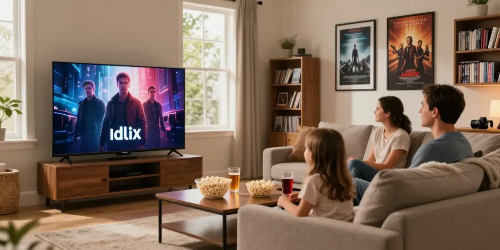 Family enjoying movie night with Idlix terbaru in a cozy living room.