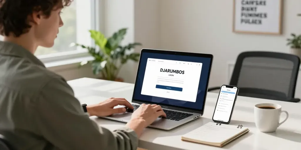 Secure DJARUMBOS LOGIN interface on laptop in a modern home office.